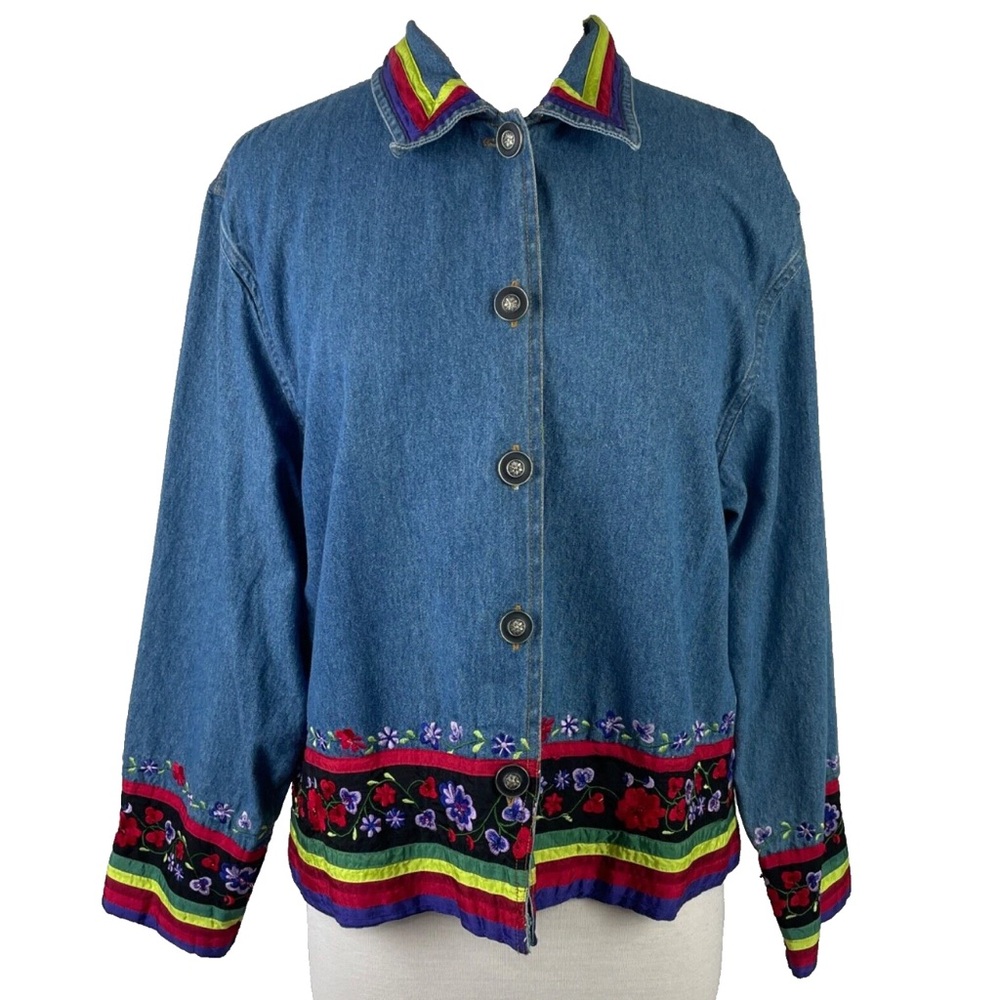 Tantrum Blues denim button front jacket w/embroidered flowers and ribbon 80’s!!